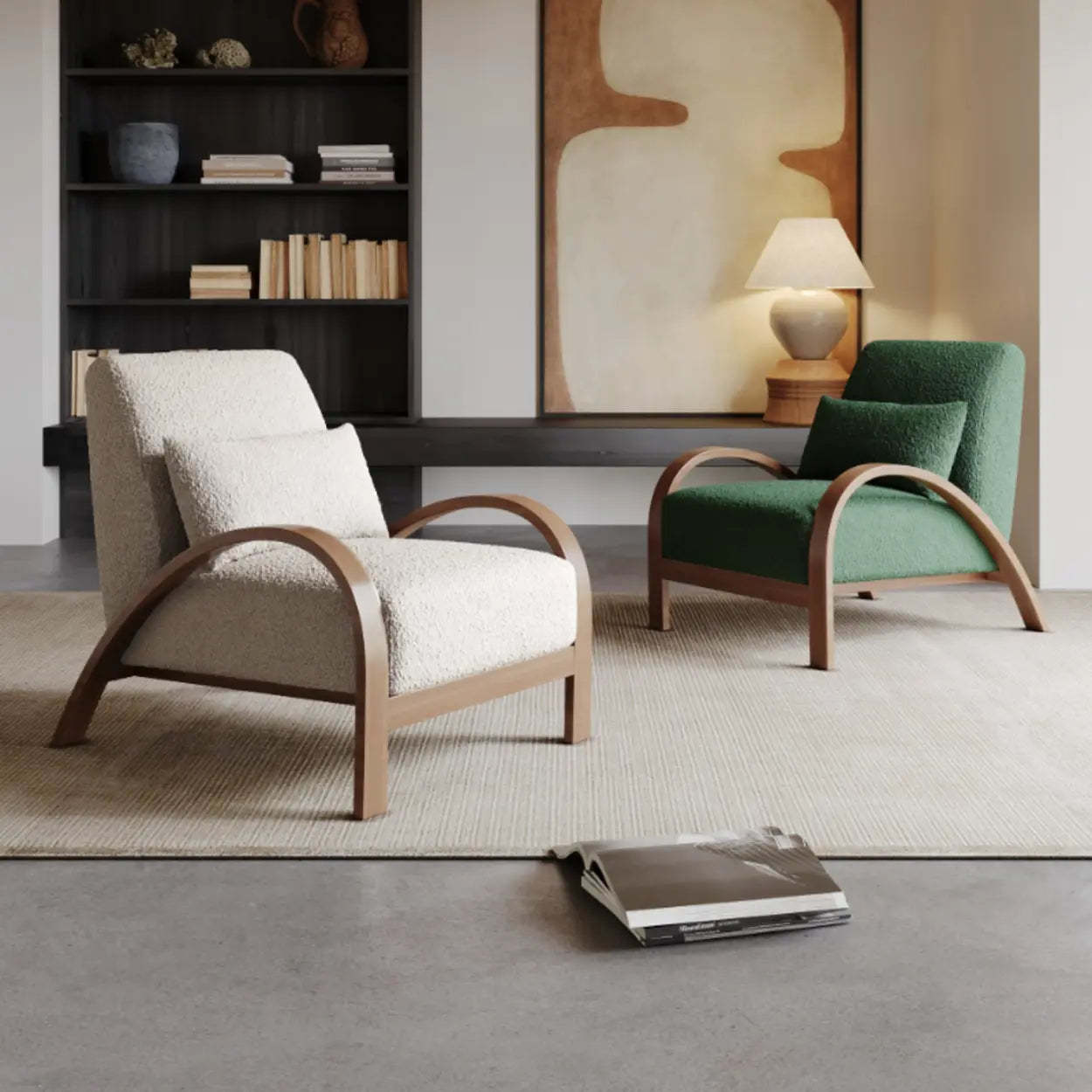 Mid-Century Beige Armrest Accent Chair with Pillow — Sherpa / Matcha Green