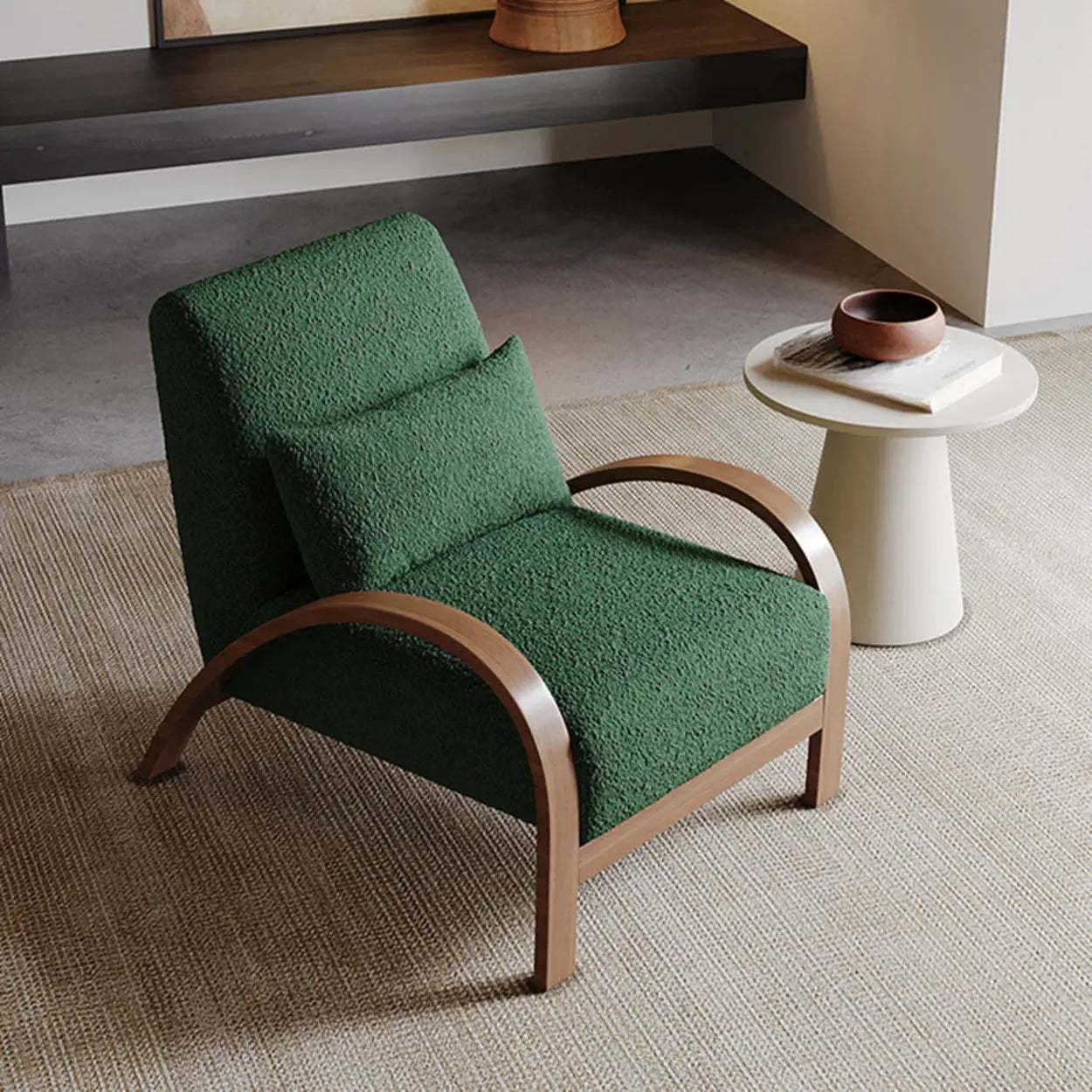 Mid-Century Beige Armrest Accent Chair with Pillow