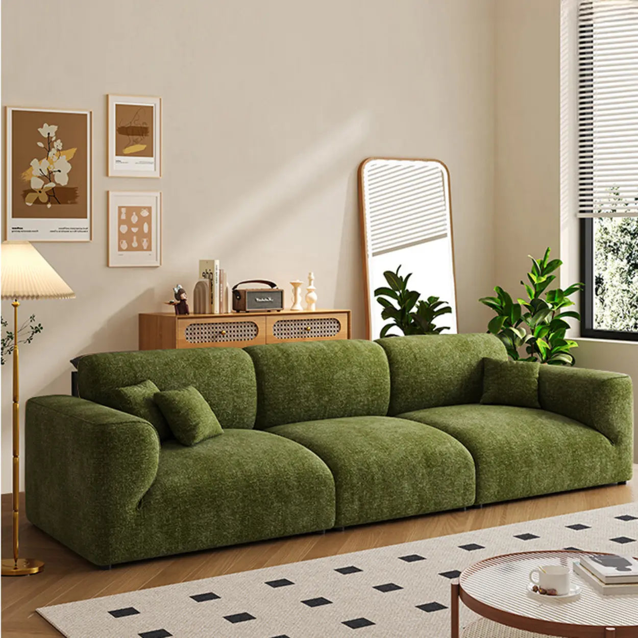 Mid-Century Olive Green Chenille Plush Sofa — Latex