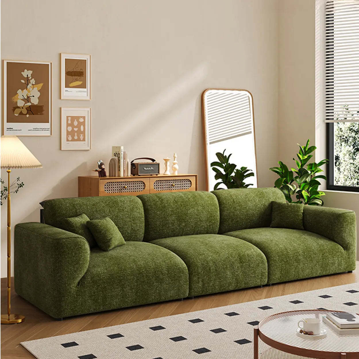 Mid-Century Olive Green Chenille Plush Sofa — Latex