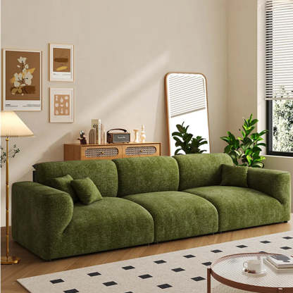 Mid-Century Olive Green Chenille Plush Sofa — Latex