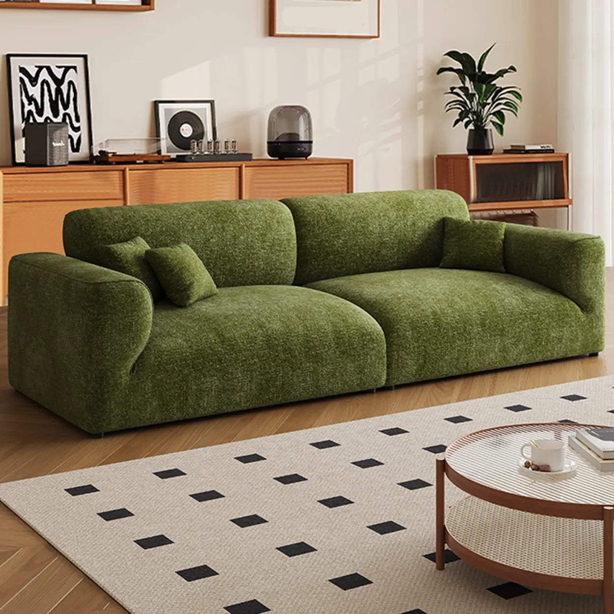 Mid-Century Olive Green Chenille Plush Sofa — Sponge