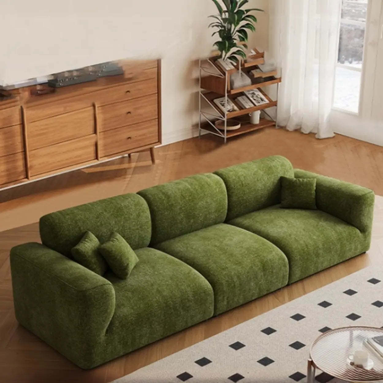 Mid-Century Olive Green Chenille Plush Sofa — Sponge