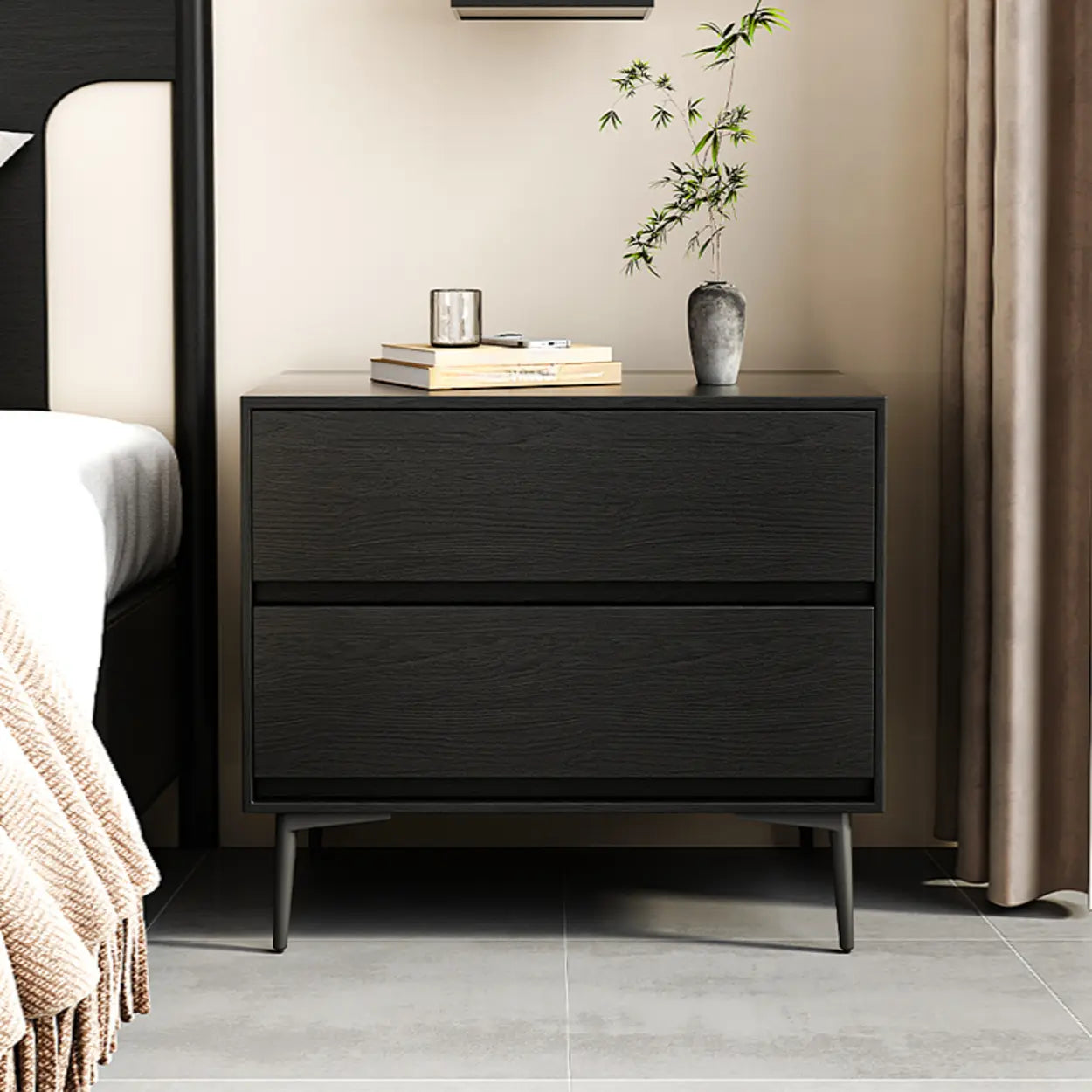 Mid-Century Black 2-Drawer Wood Nightstand