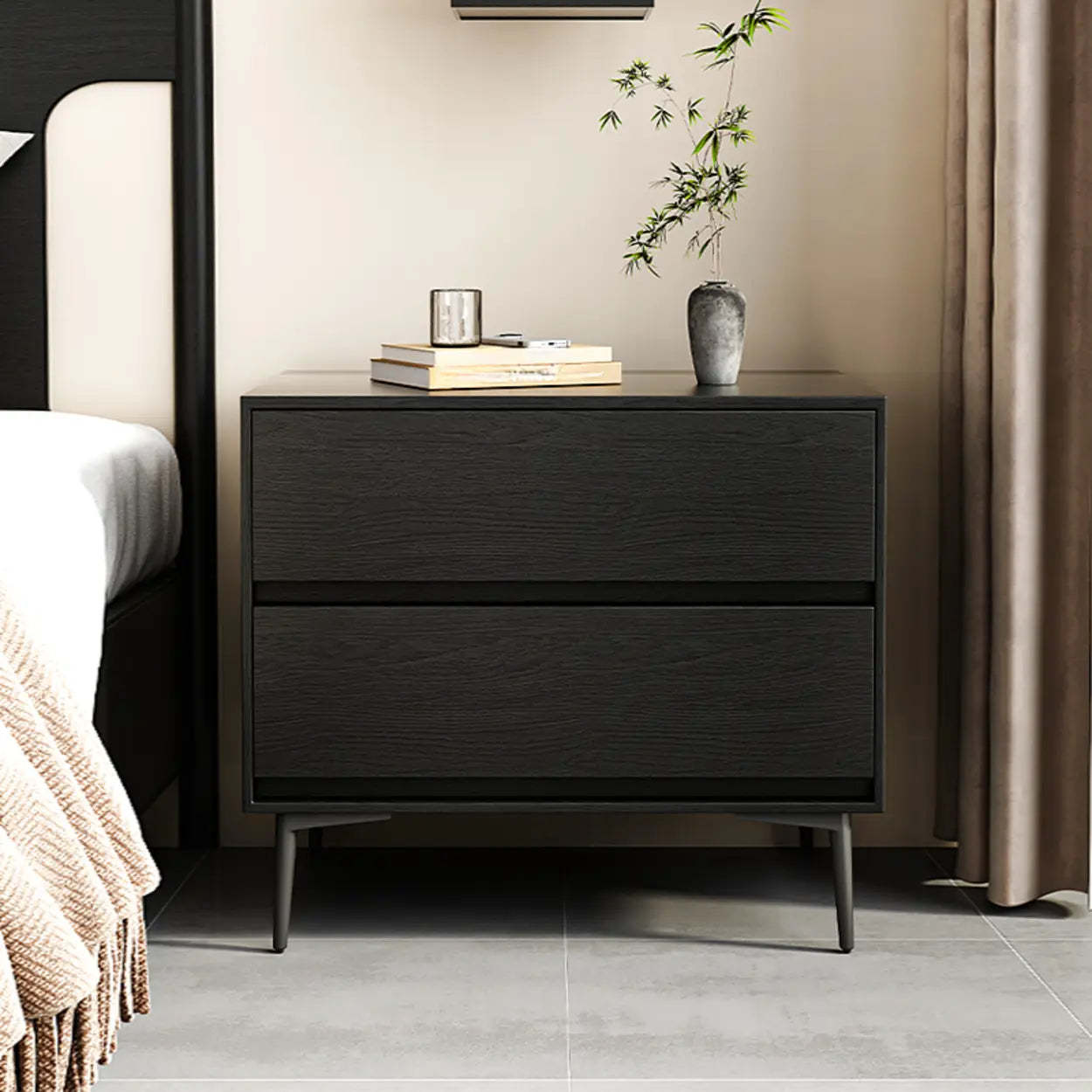 Mid-Century Black 2-Drawer Wood Nightstand — Black