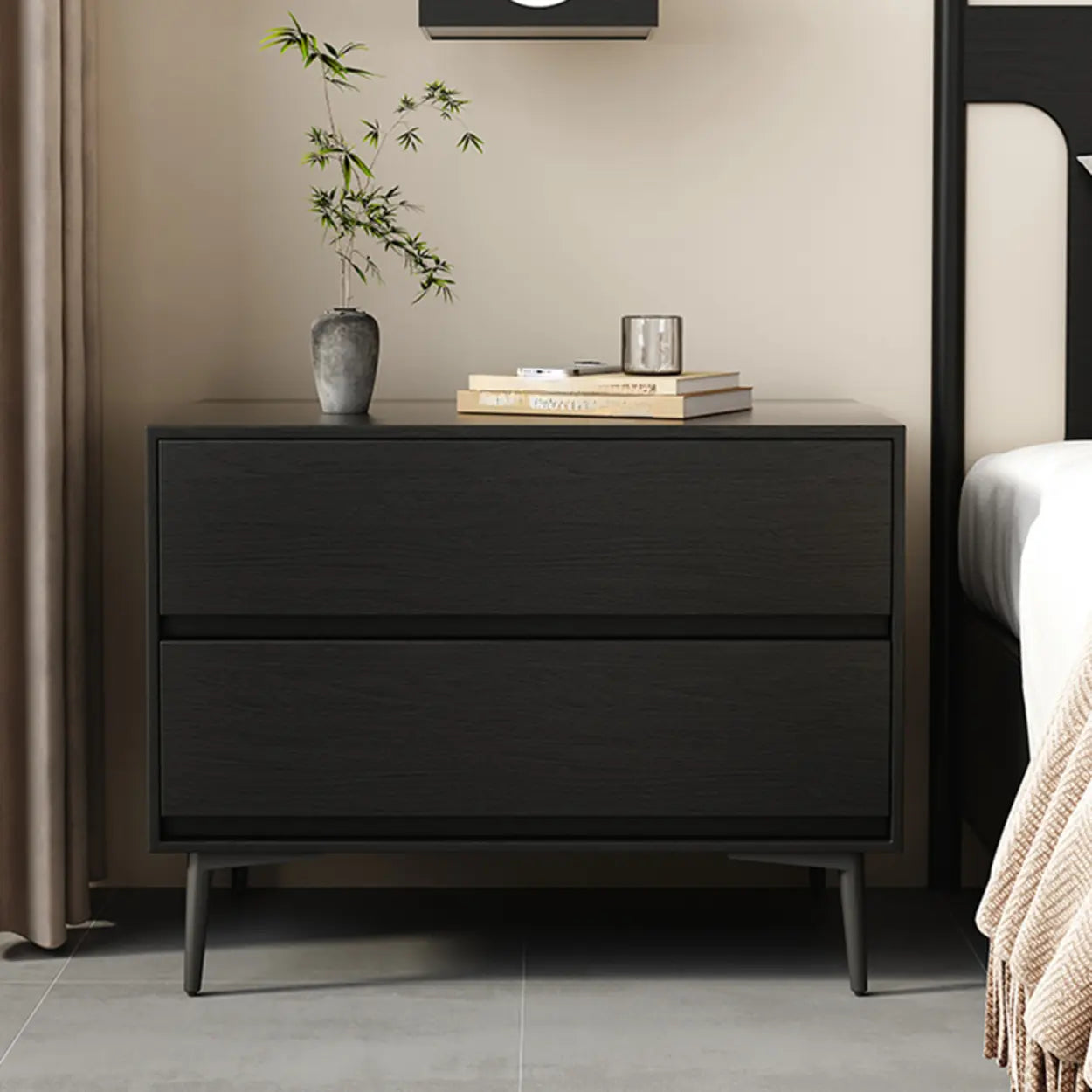 Mid-Century Black 2-Drawer Wood Nightstand — Brown