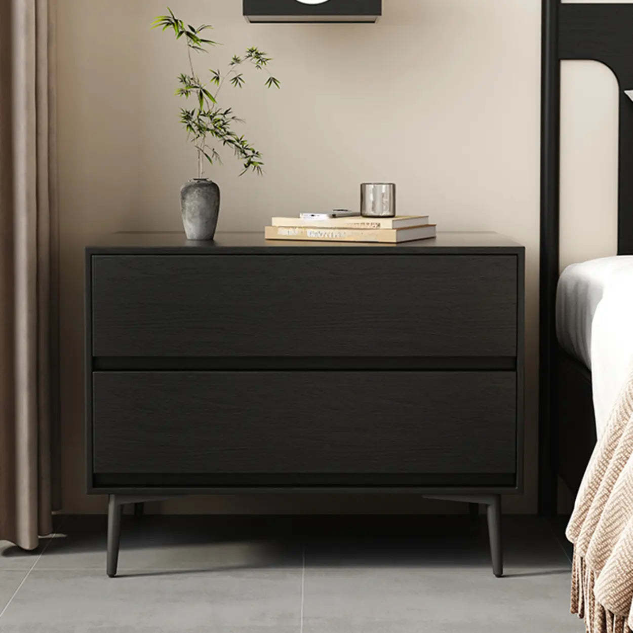 Mid-Century Black 2-Drawer Wood Nightstand — Brown