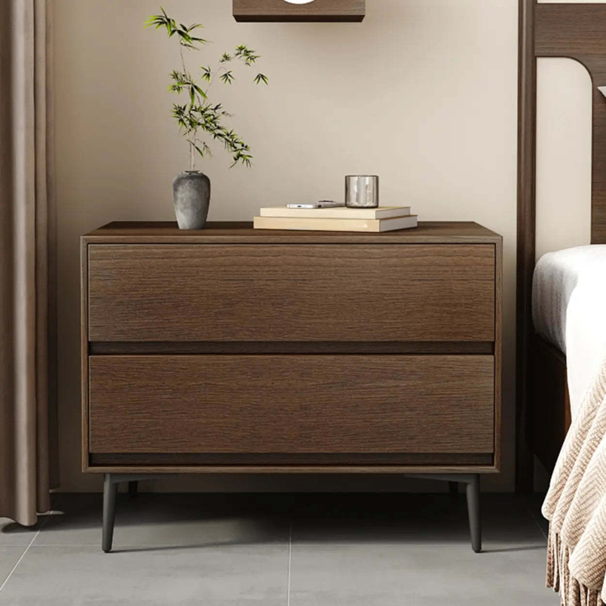 Mid-Century Black 2-Drawer Wood Nightstand — Walnut