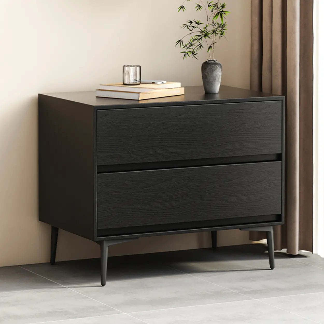 Mid-Century Black 2-Drawer Wood Nightstand — Black