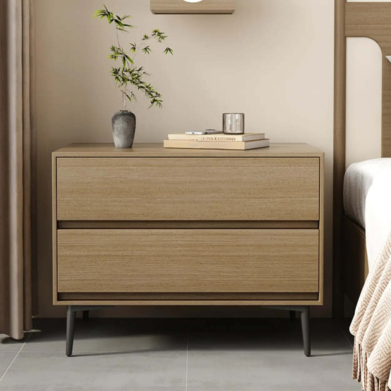 Mid-Century Black 2-Drawer Wood Nightstand — Brown