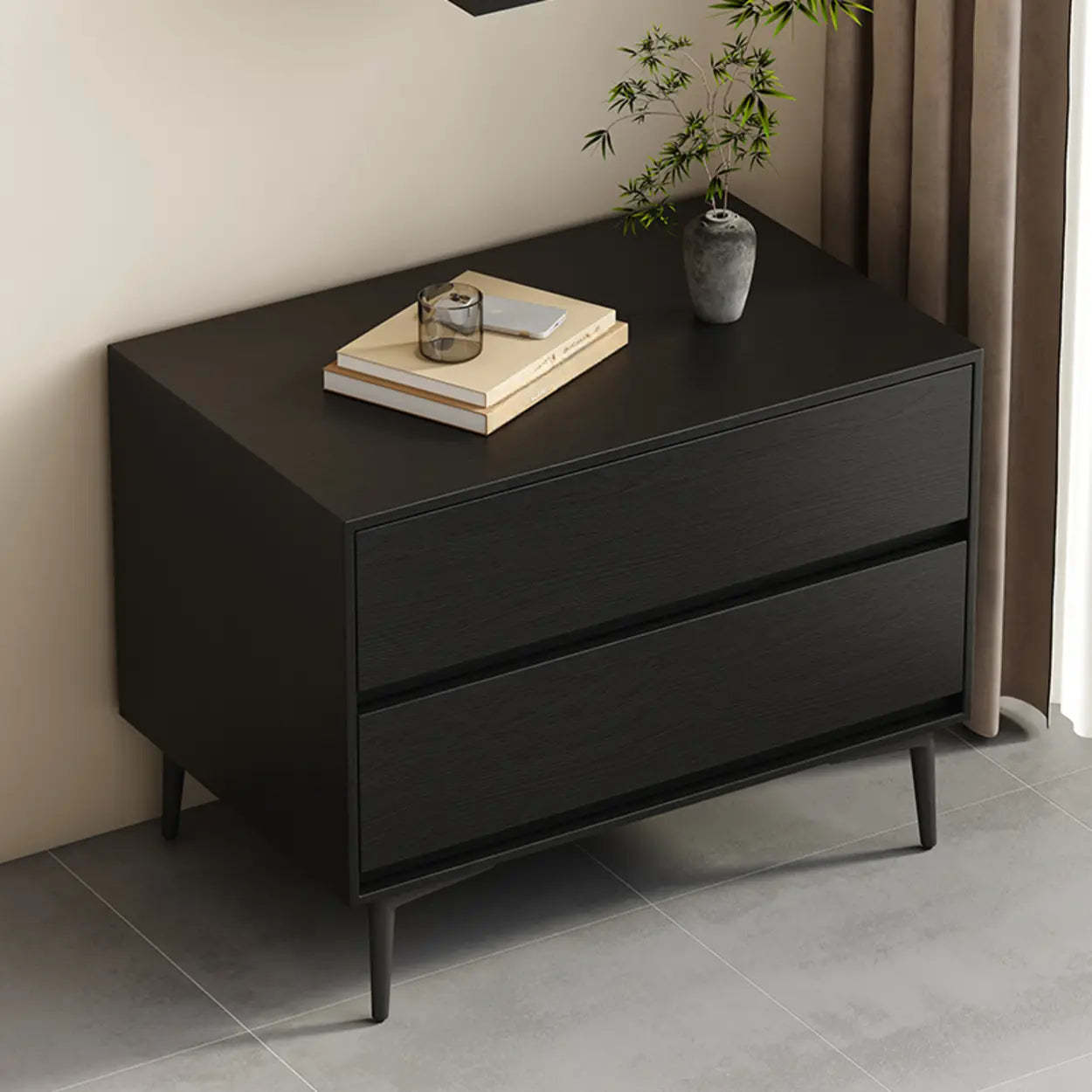 Mid-Century Black 2-Drawer Wood Nightstand — Walnut