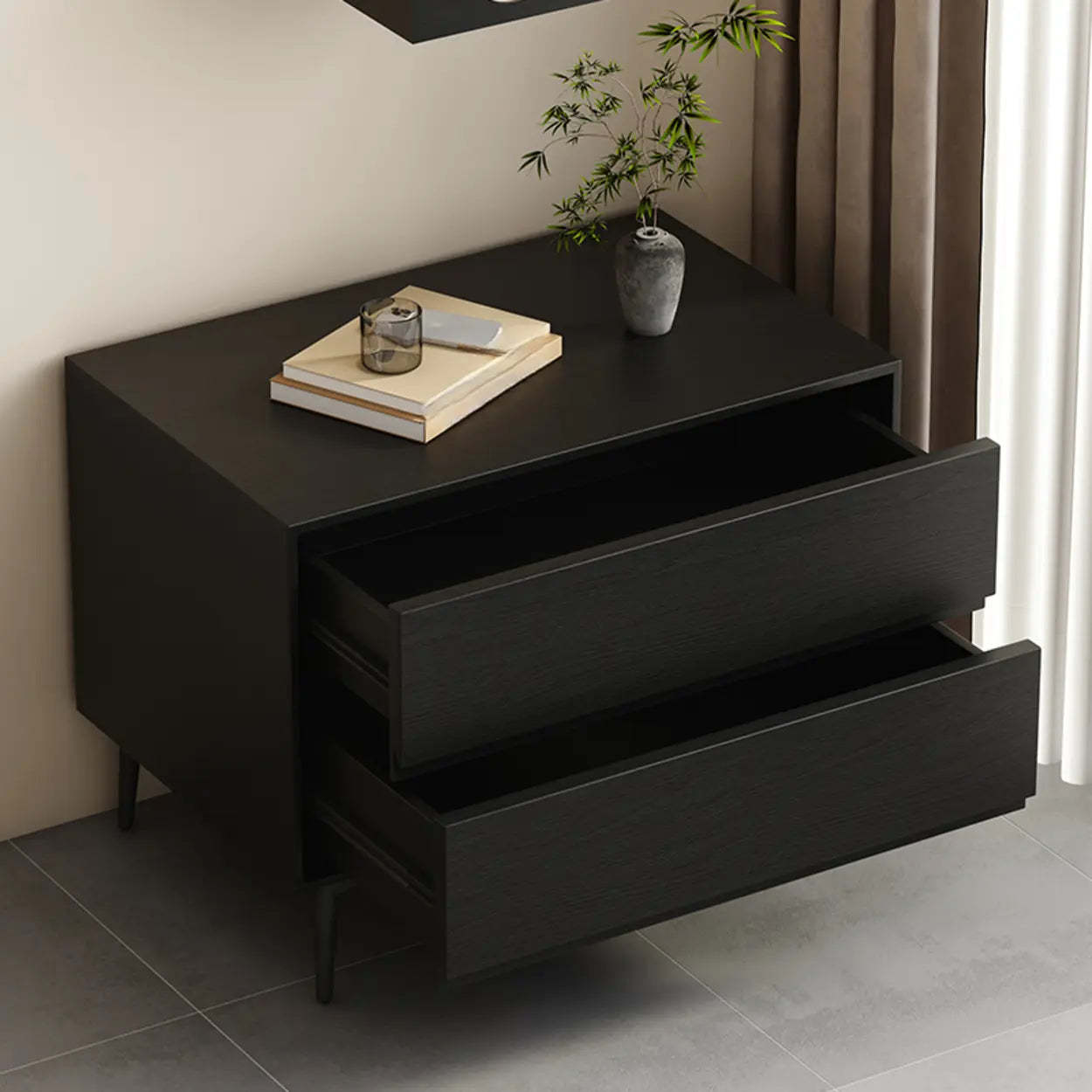 Mid-Century Black 2-Drawer Wood Nightstand — Black