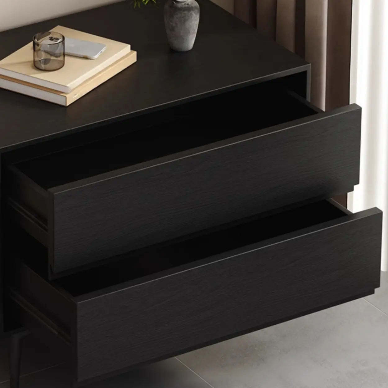 Mid-Century Black 2-Drawer Wood Nightstand — Brown