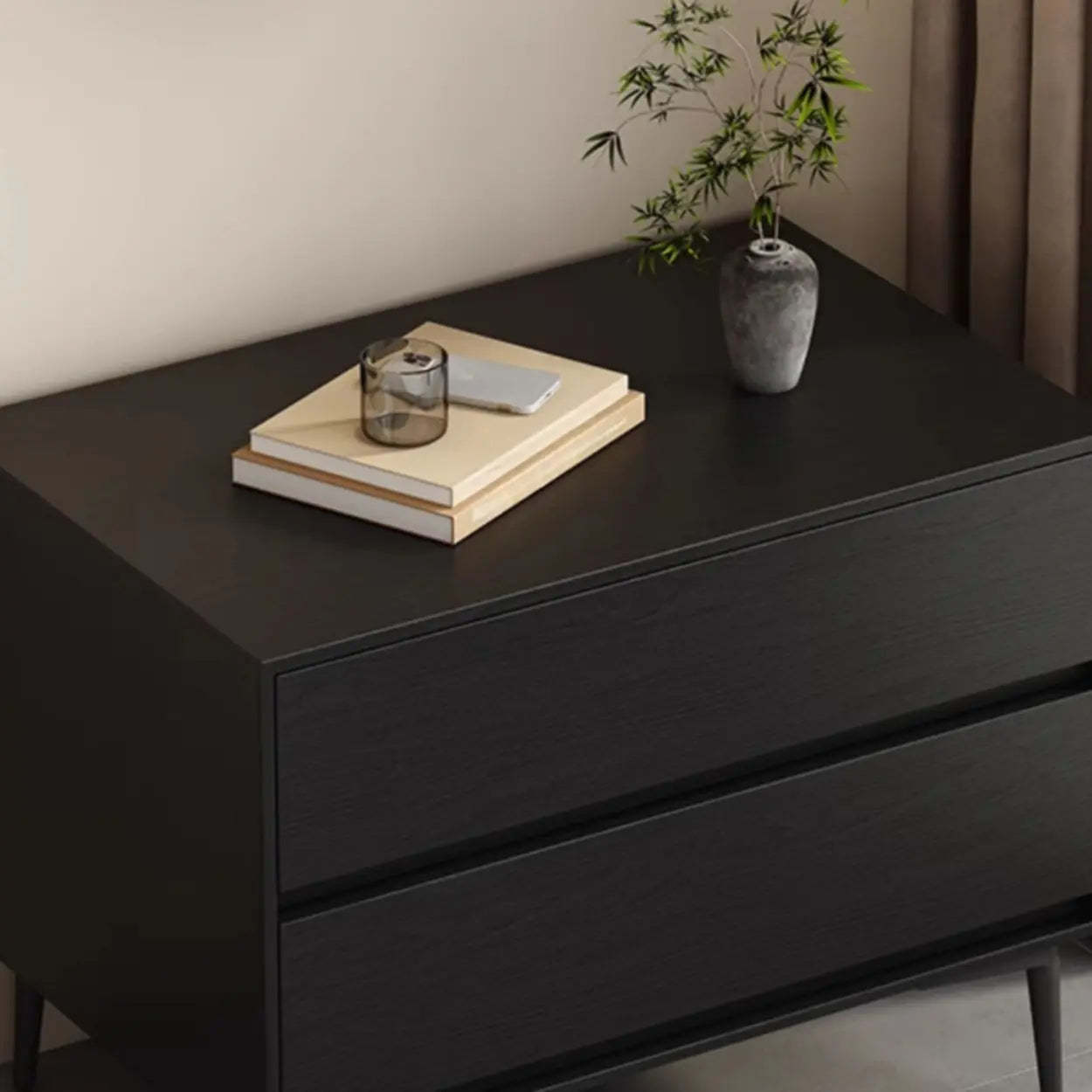 Mid-Century Black 2-Drawer Wood Nightstand — Walnut