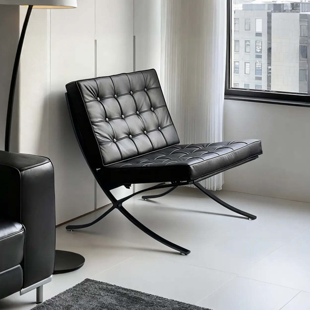 Mid-Century Black Leather Lazy Lounge Chair — Black/Black / Without Footrest