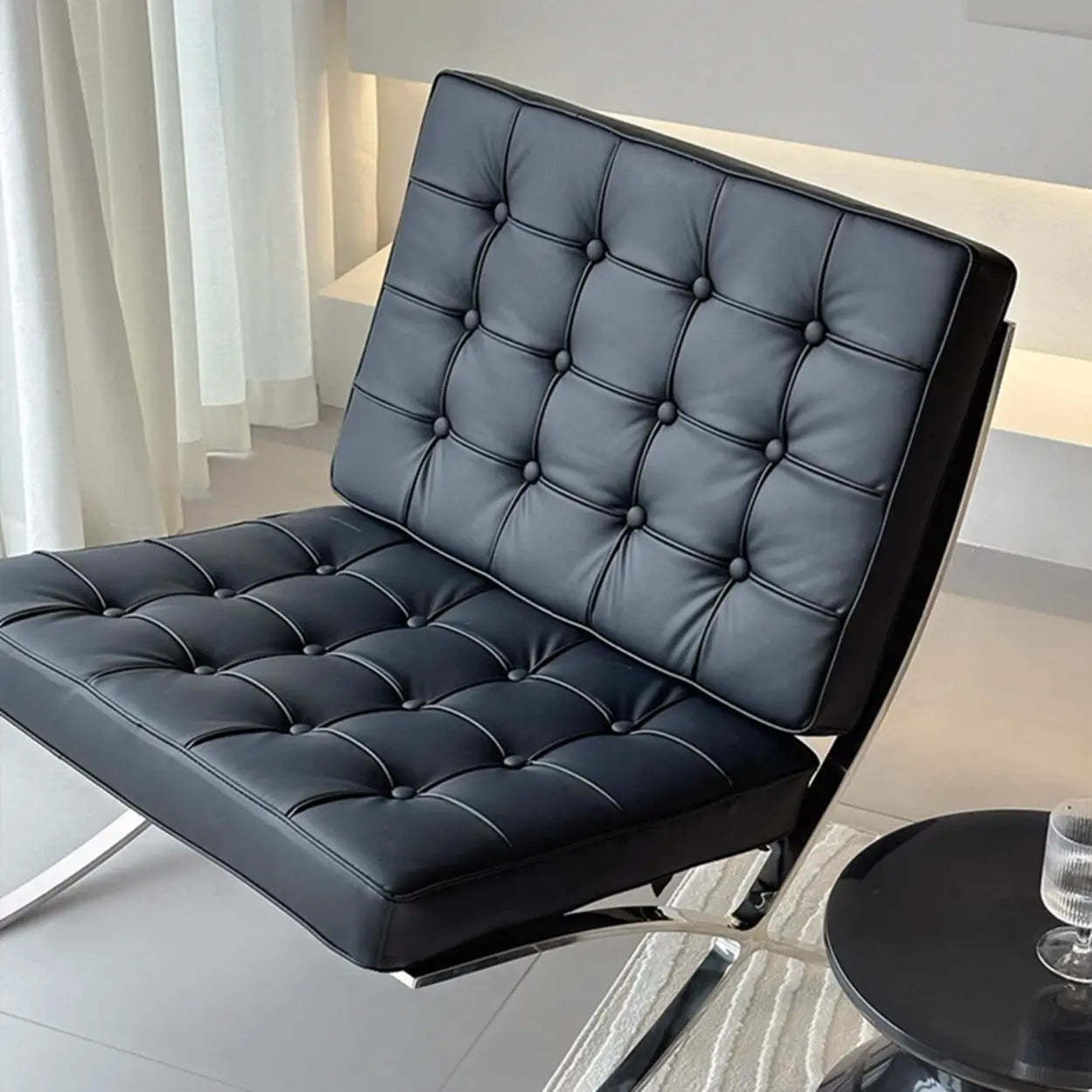 Mid-Century Black Leather Lazy Lounge Chair — Black/Shiny Sliver / With Footrest