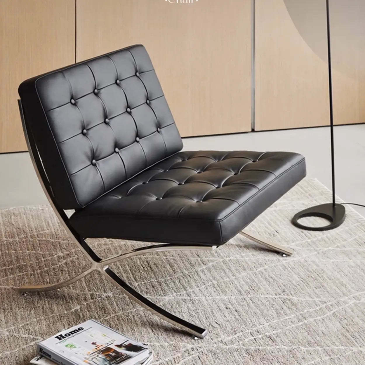 Mid-Century Black Leather Lazy Lounge Chair — Brown/Shiny Sliver / With Footrest