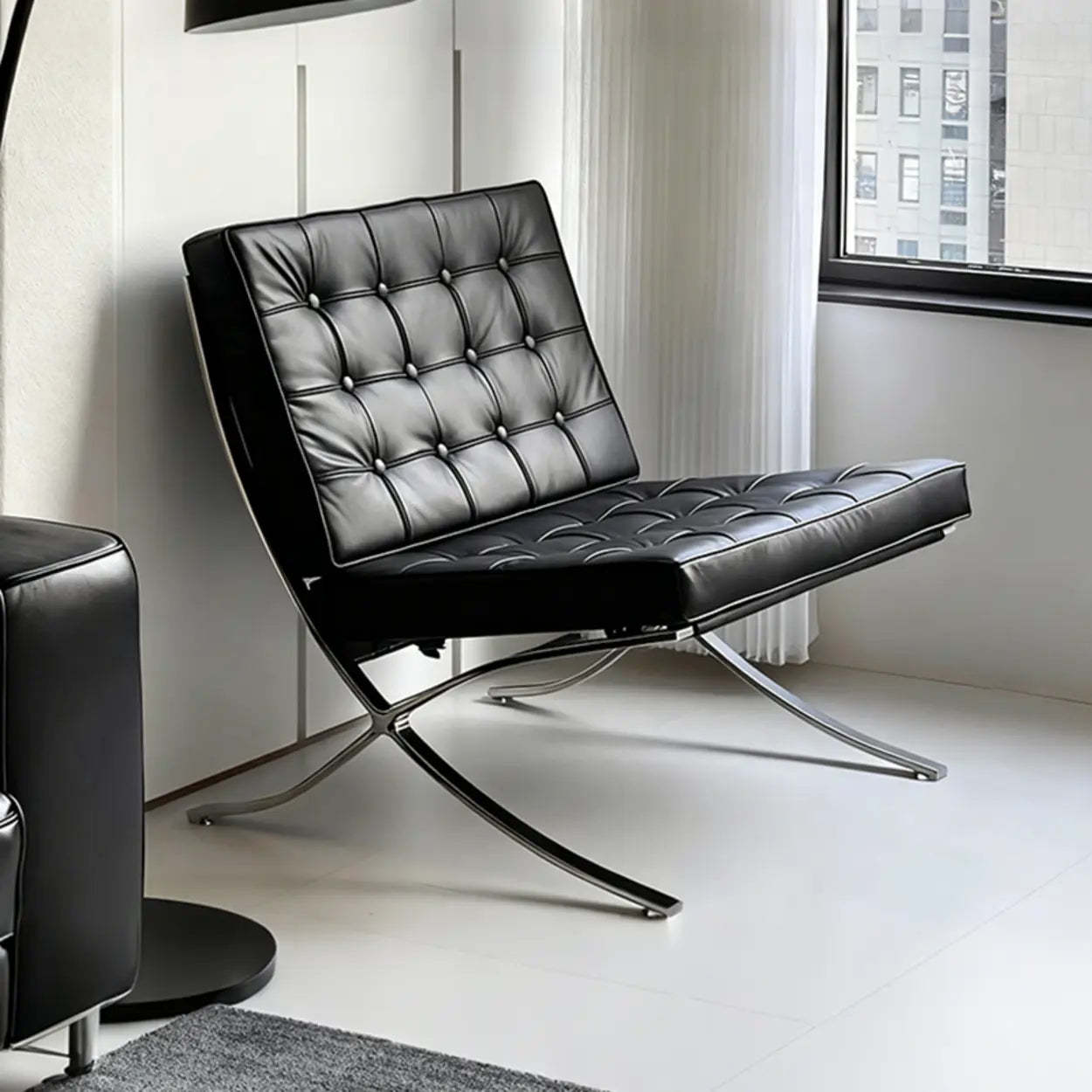 Mid-Century Black Leather Lazy Lounge Chair — Black/Black / With Footrest