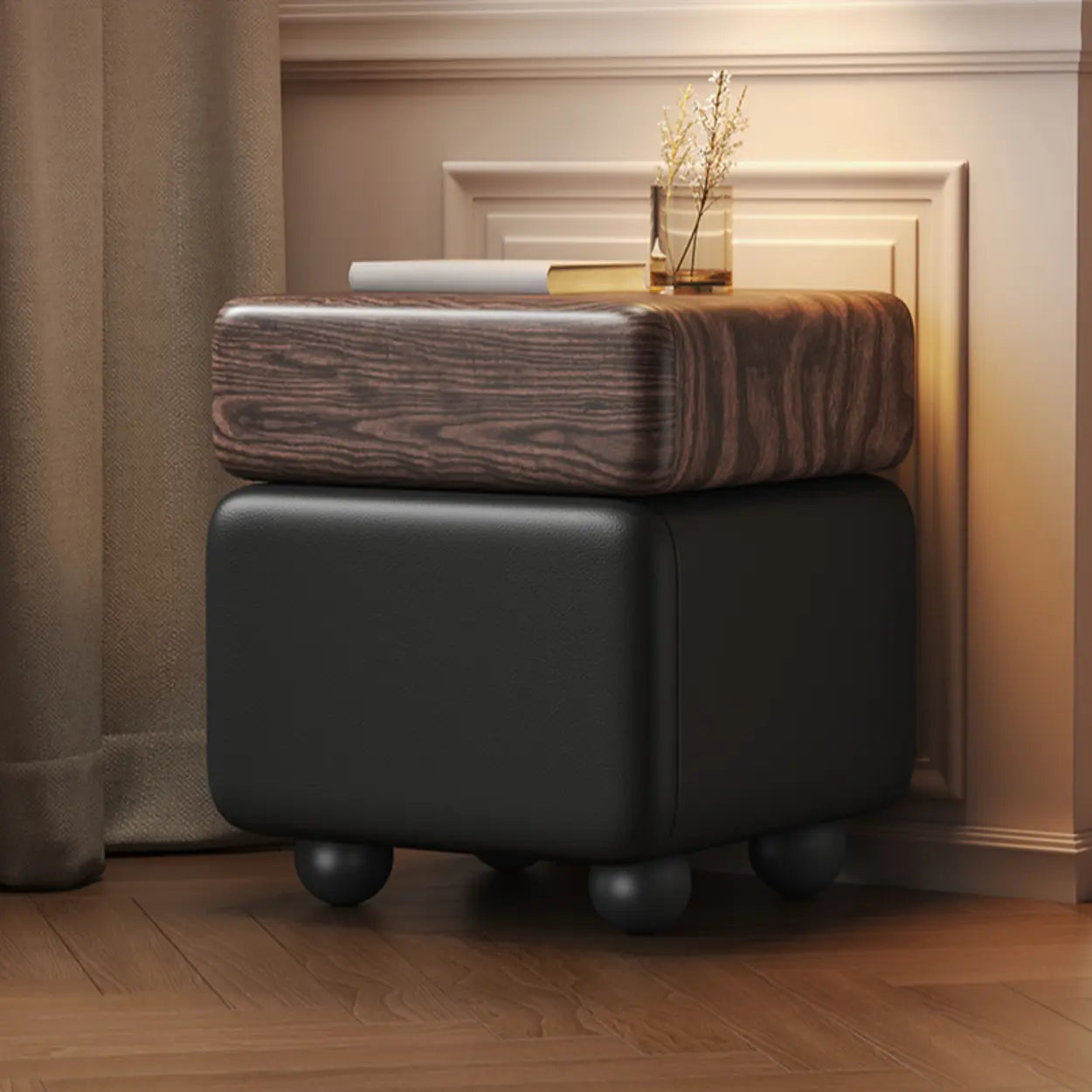 Mid-Century Black Leather Wood Nightstand
