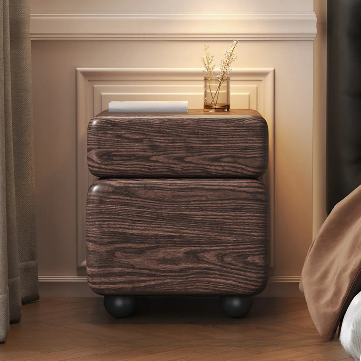 Mid-Century Black Leather Wood Nightstand — Black-White
