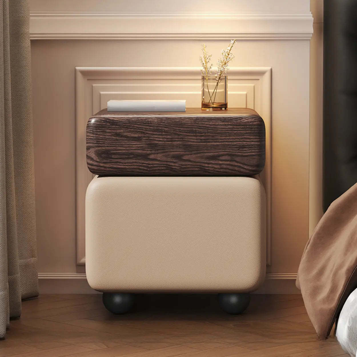 Mid-Century Black Leather Wood Nightstand — Black/ Walnut