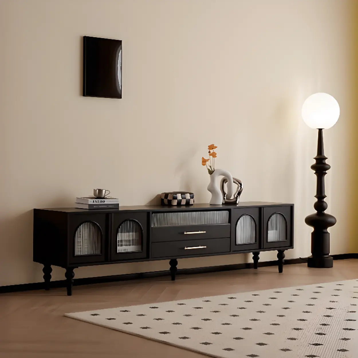 Mid-Century Black TV Stand with Glass Cabinet Doors
