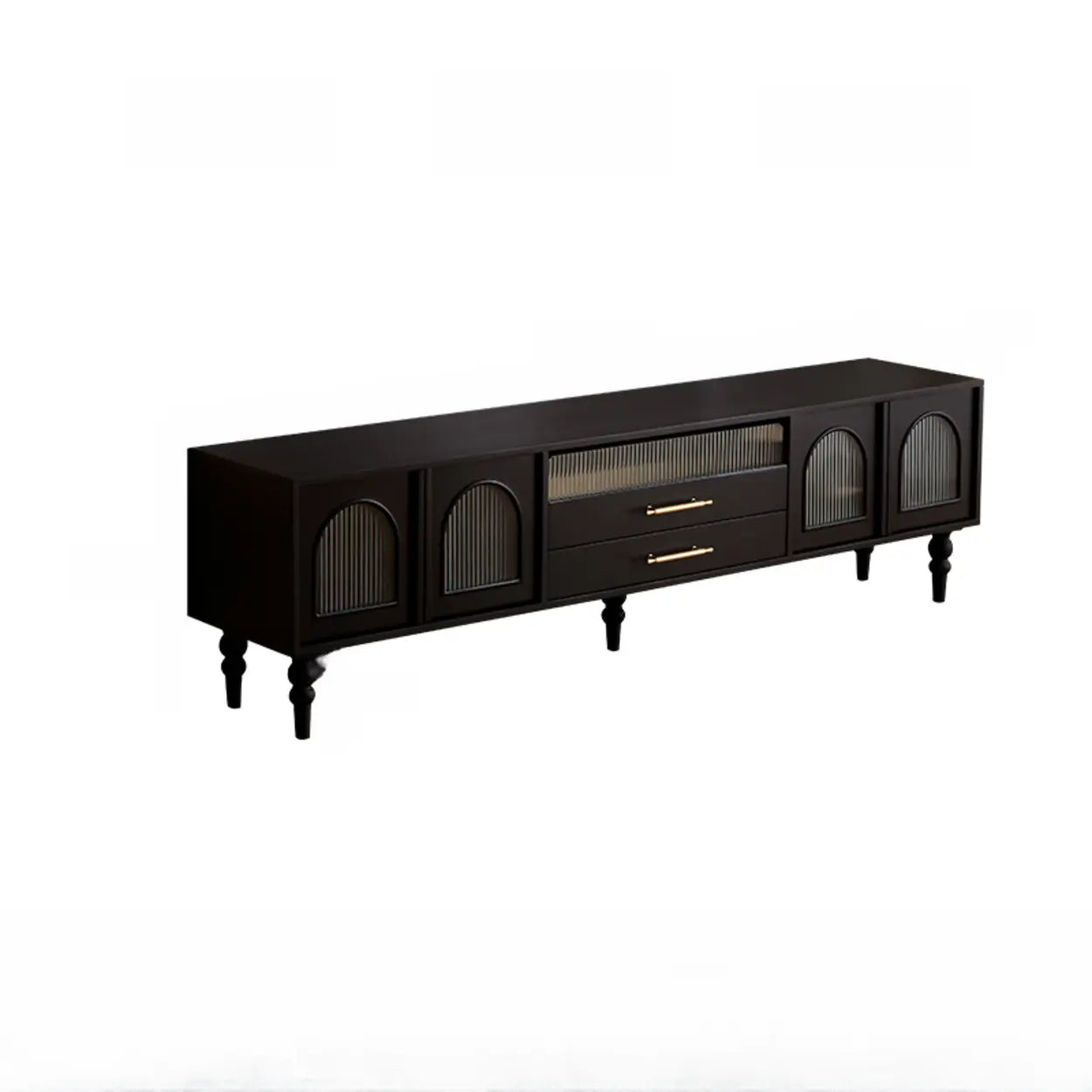 Mid-Century Black TV Stand with Glass Cabinet Doors — Black