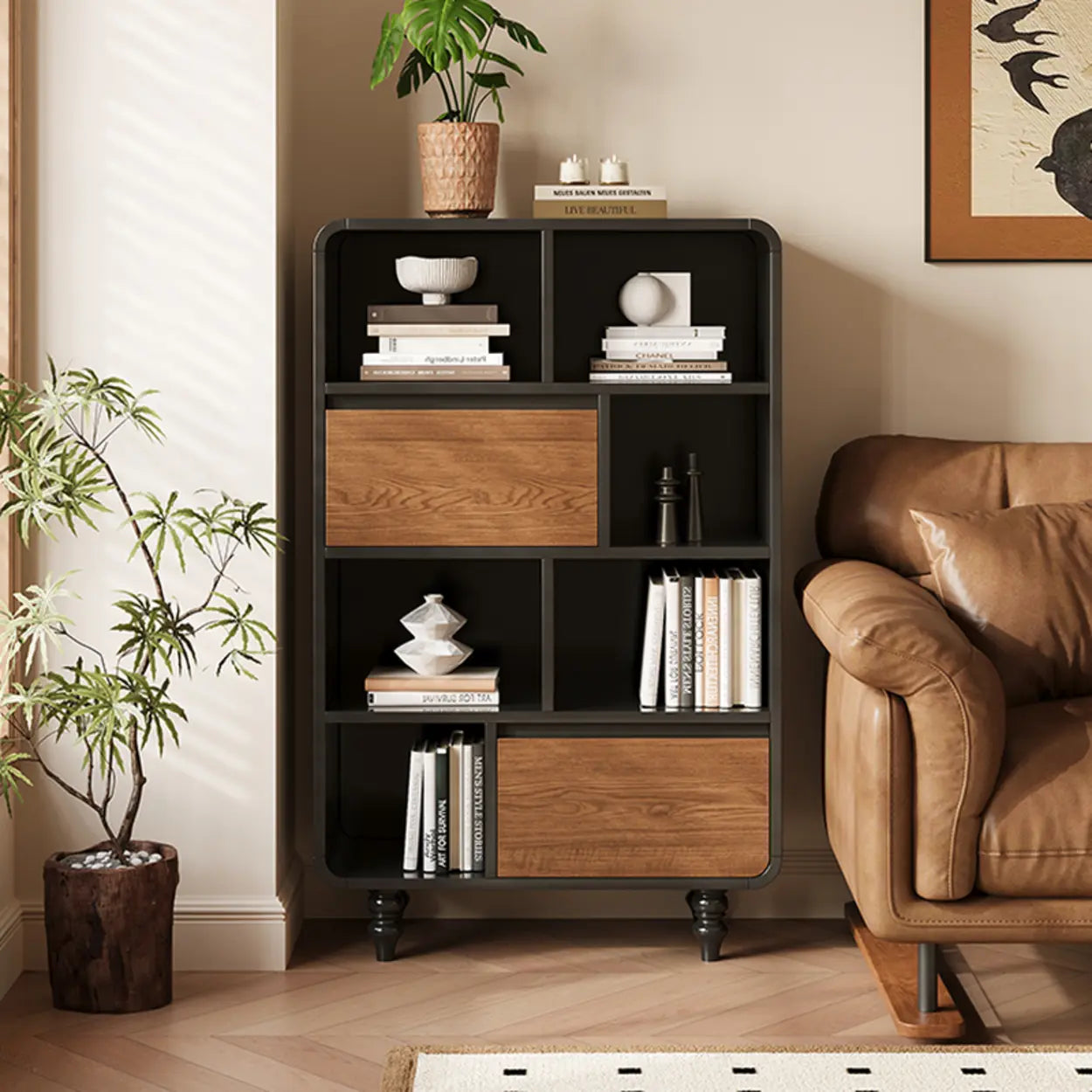Mid-Century Black Wood Door Bookcase with Drawers