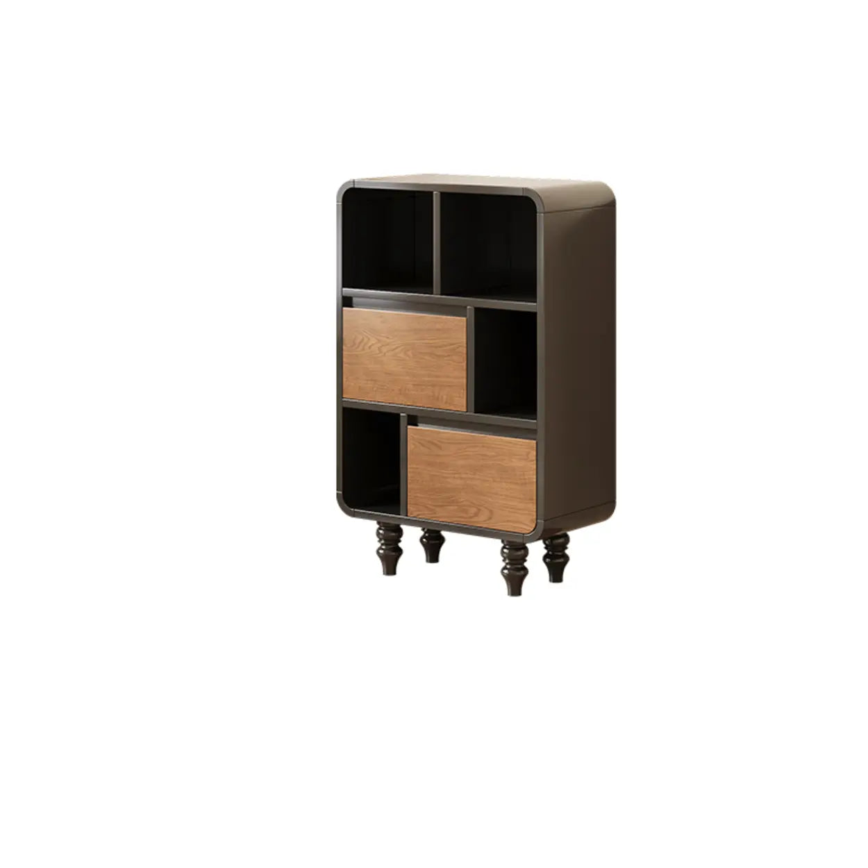Mid-Century Black Wood Door Bookcase with Drawers — 2 Drawers