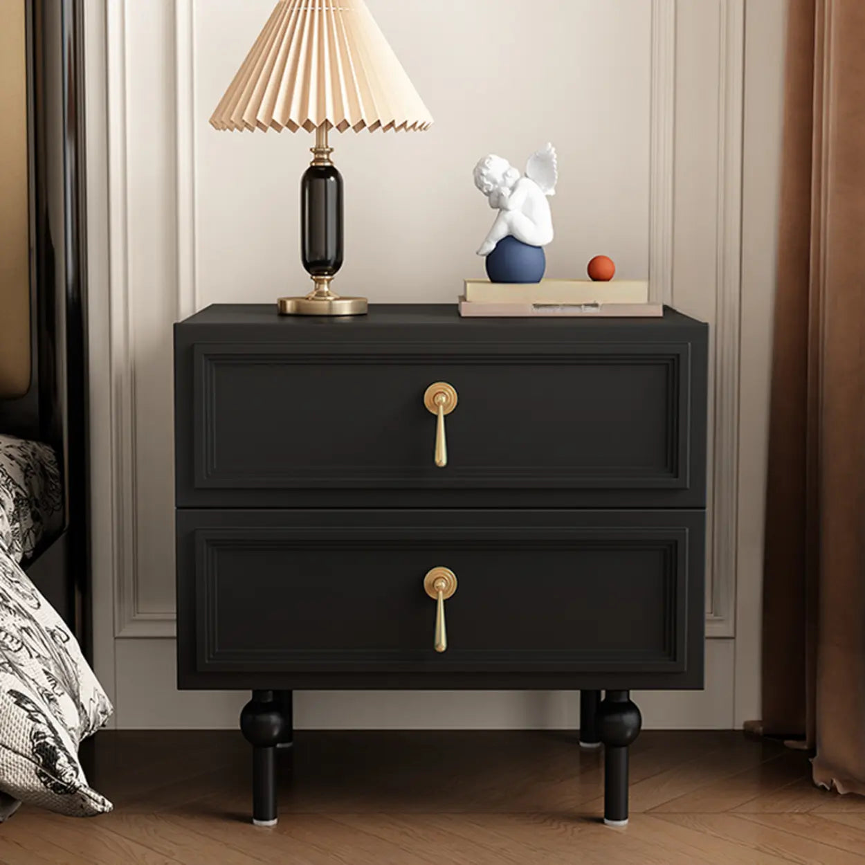 Mid-Century Black Wood 2-Drawer Nightstand