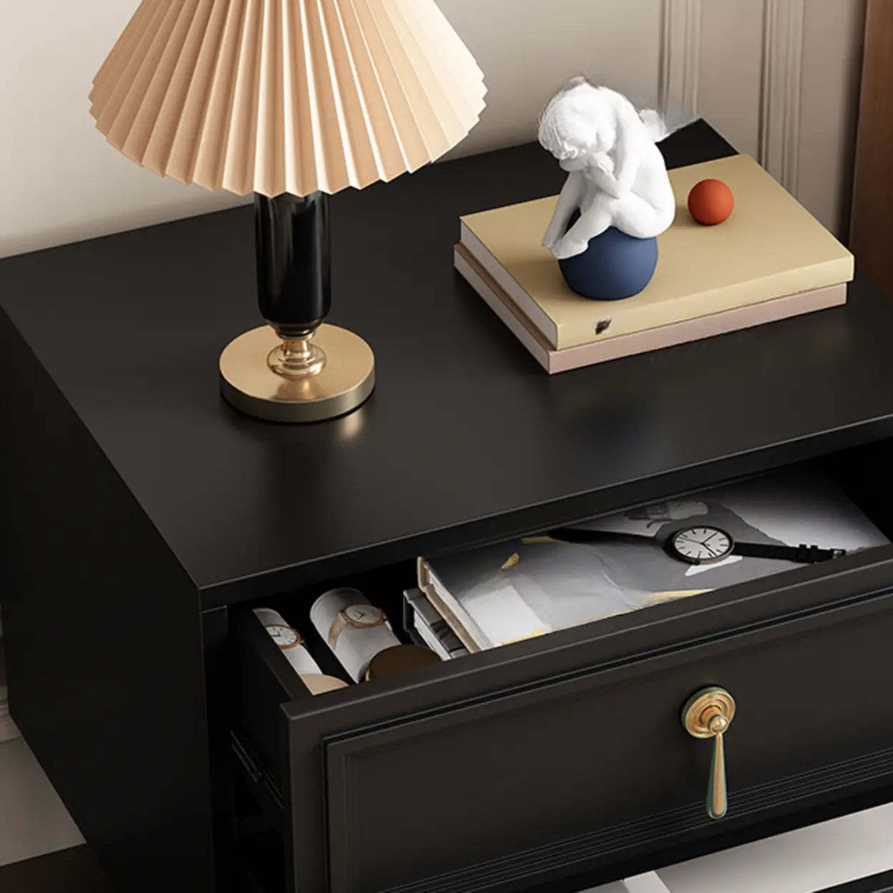 Mid-Century Black Wood 2-Drawer Nightstand