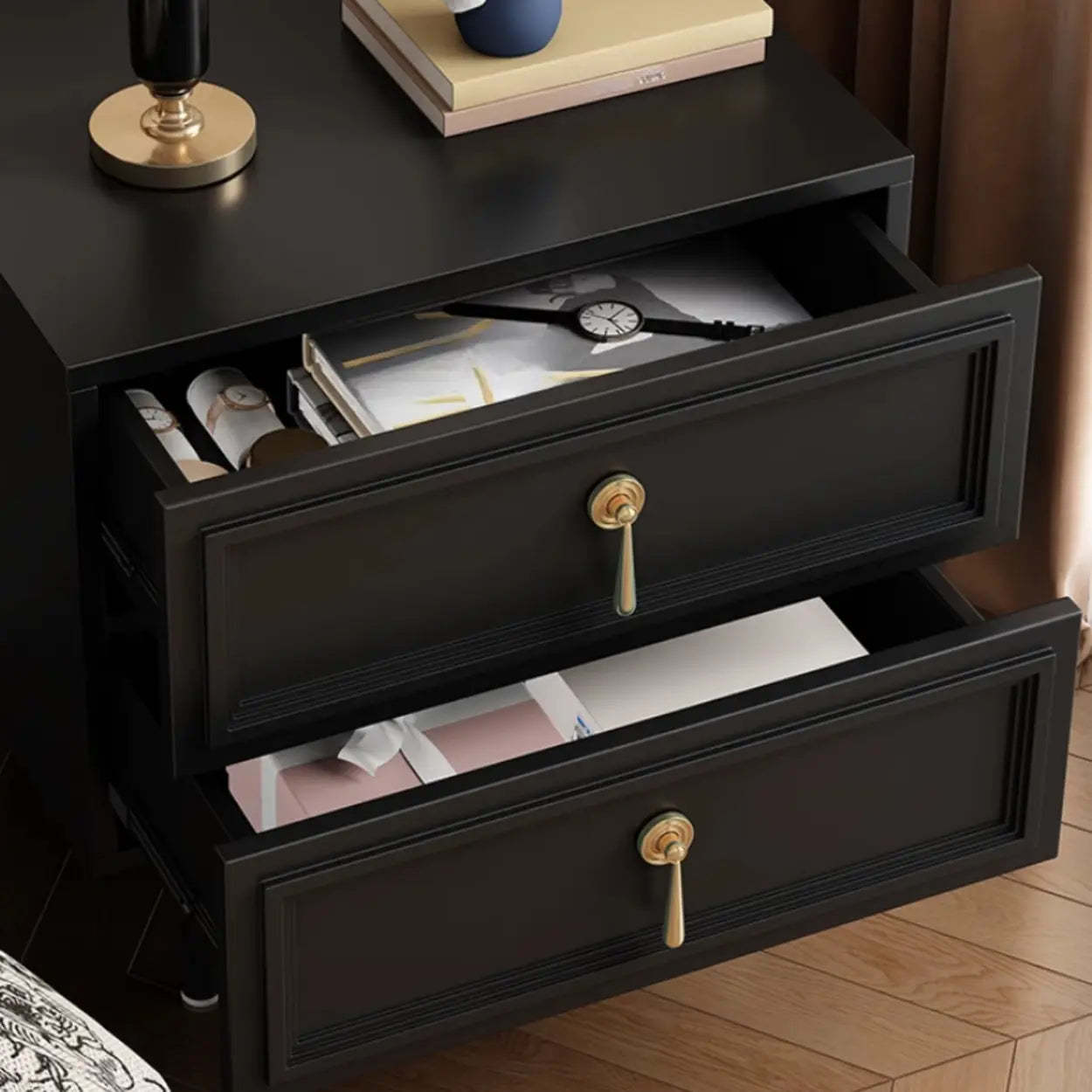 Mid-Century Black Wood 2-Drawer Nightstand