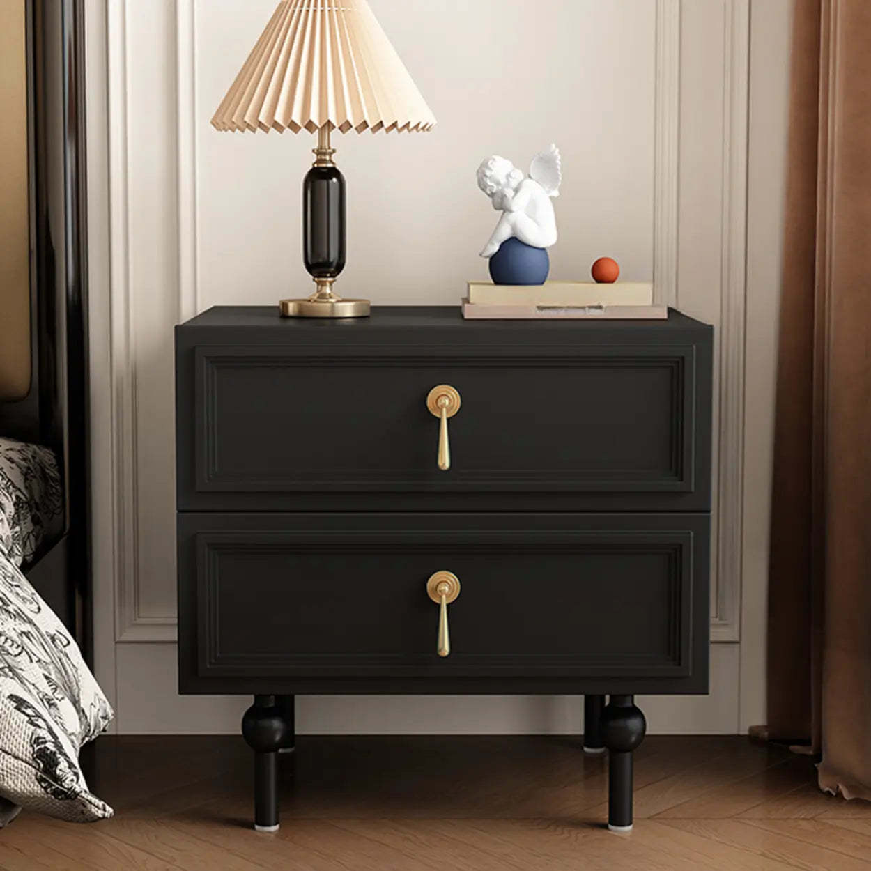 Mid-Century Black Wood 2-Drawer Nightstand — Black