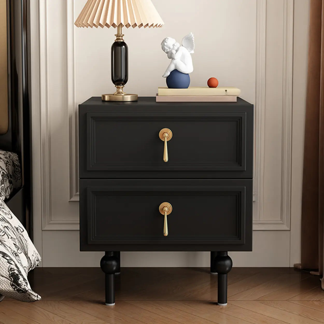 Mid-Century Black Wood 2-Drawer Nightstand — White