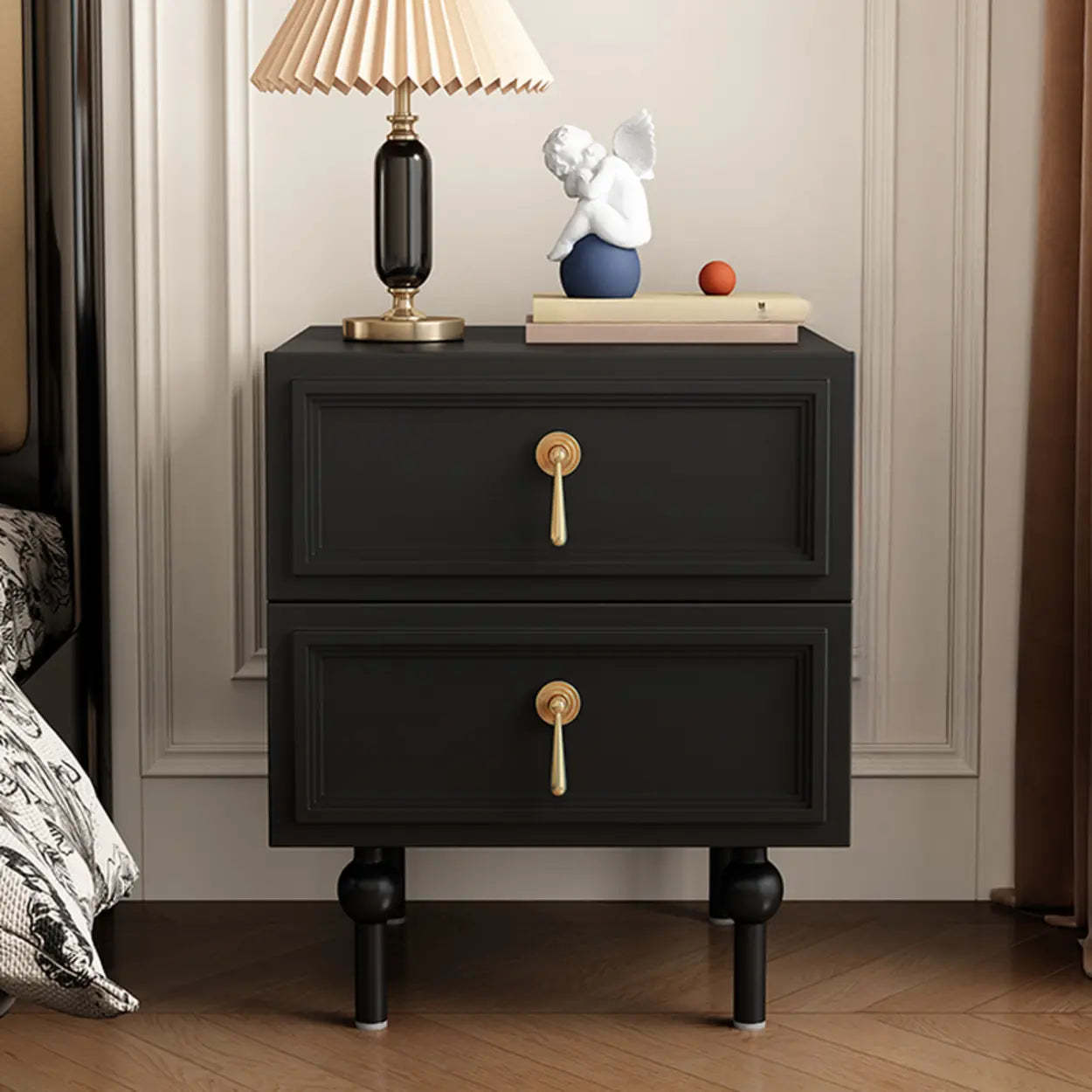 Mid-Century Black Wood 2-Drawer Nightstand — White
