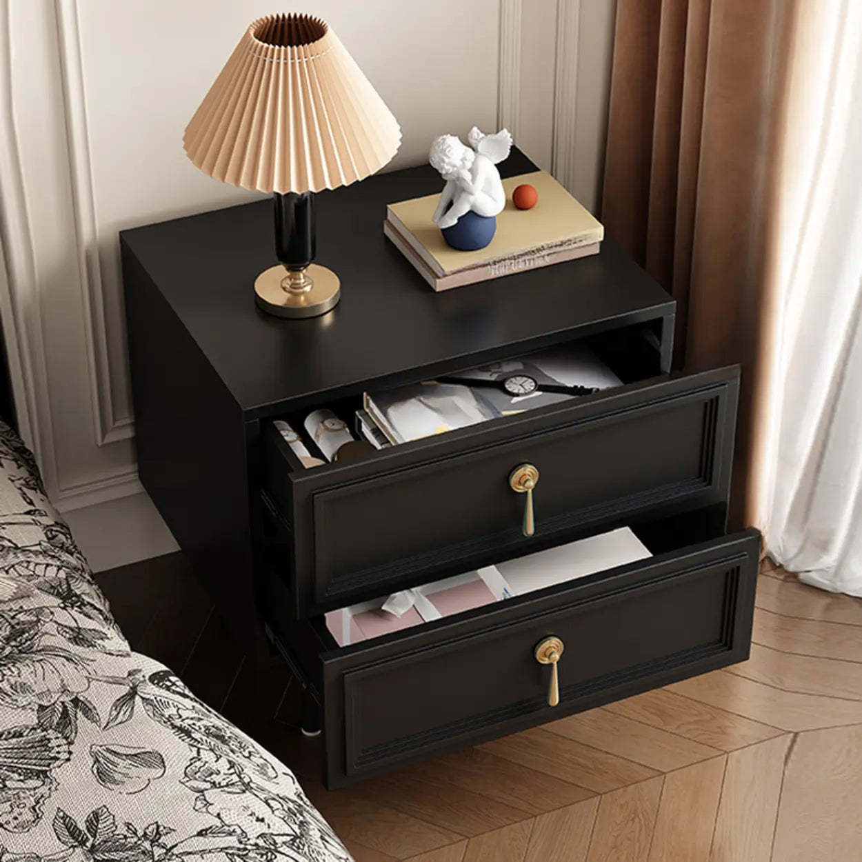 Mid-Century Black Wood 2-Drawer Nightstand — Black