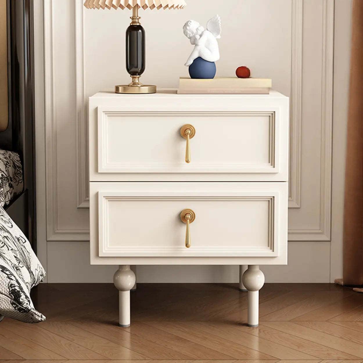 Mid-Century Black Wood 2-Drawer Nightstand — White