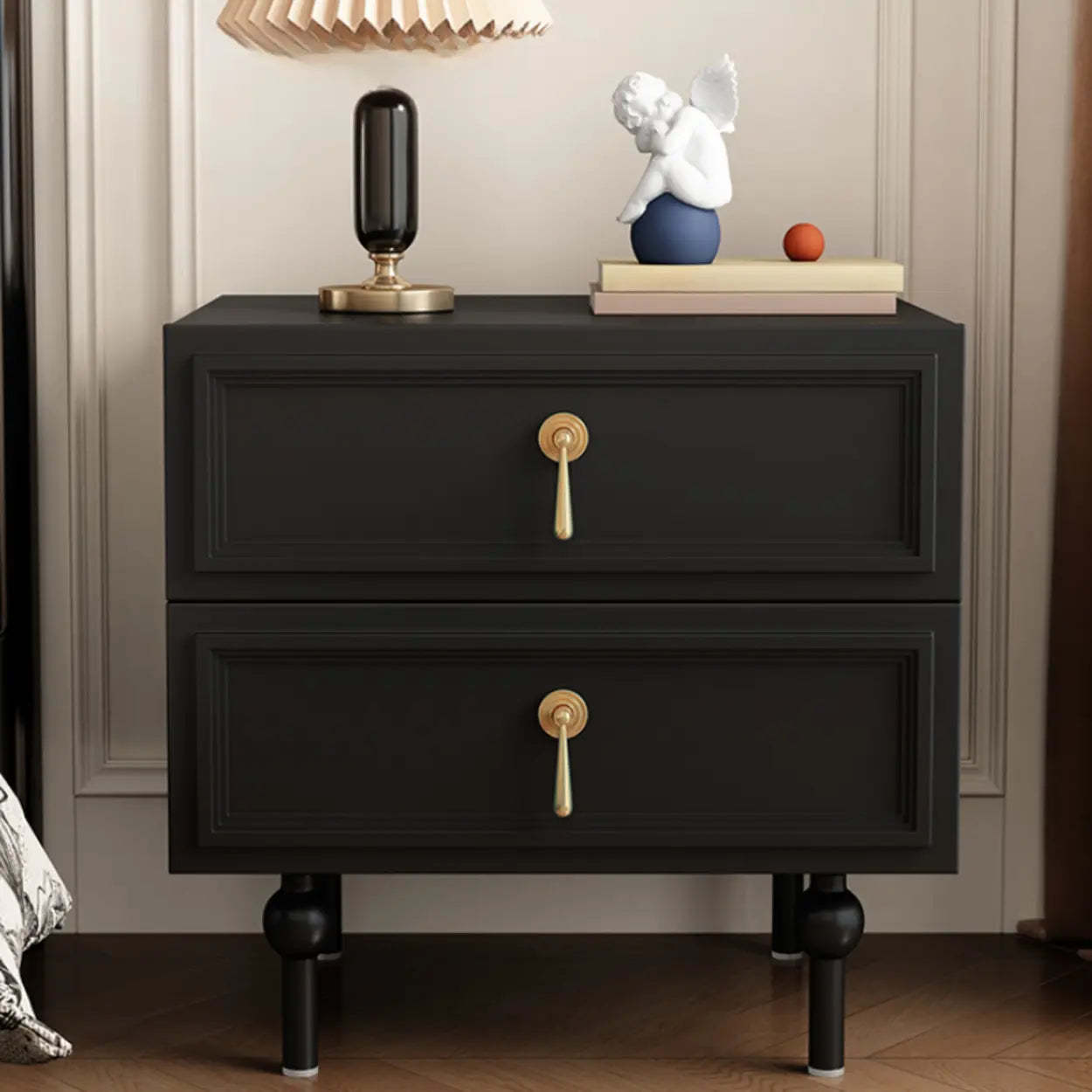 Mid-Century Black Wood 2-Drawer Nightstand