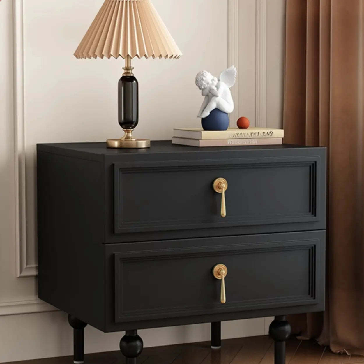 Mid-Century Black Wood 2-Drawer Nightstand
