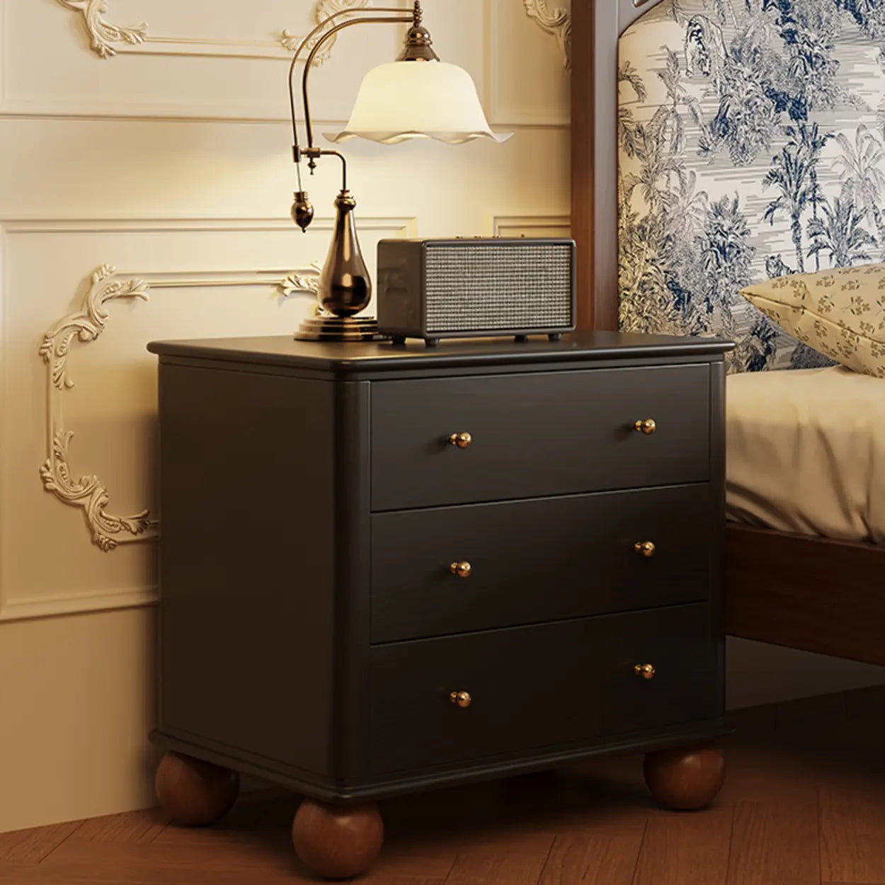 Mid-Century Black Wood Nightstand with Drawers — Black