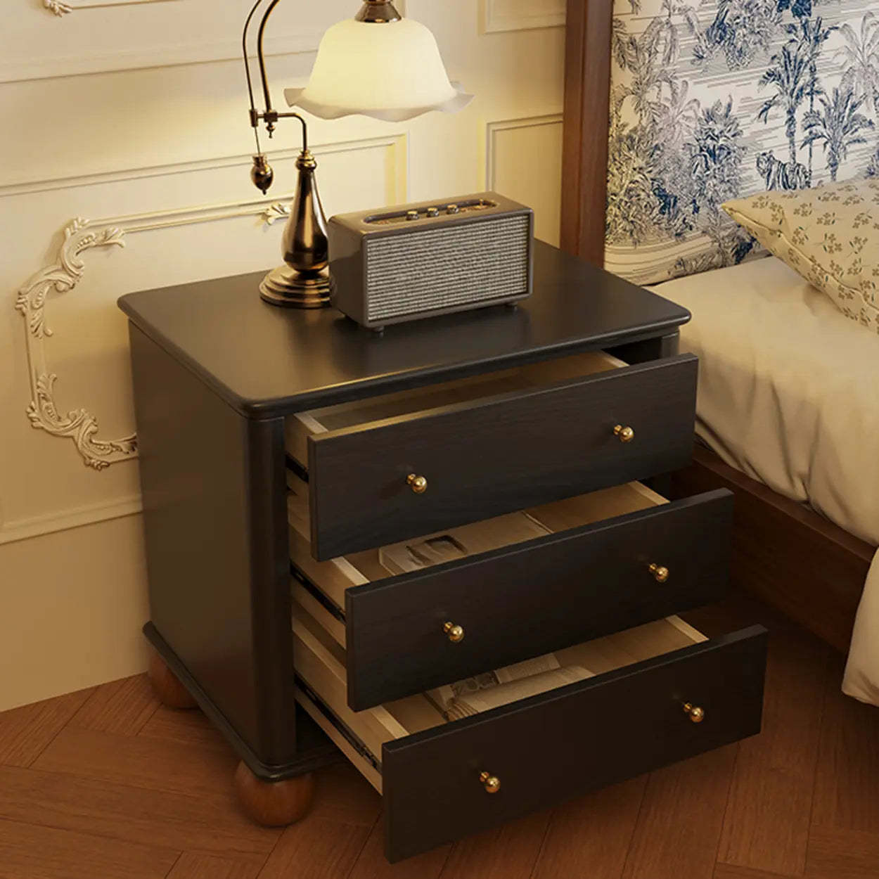 Mid-Century Black Wood Nightstand with Drawers