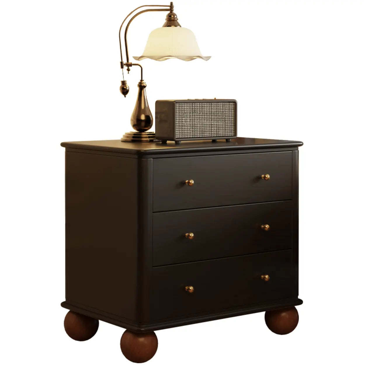 Mid-Century Black Wood Nightstand with Drawers