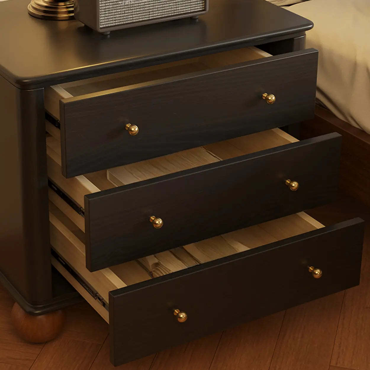 Mid-Century Black Wood Nightstand with Drawers