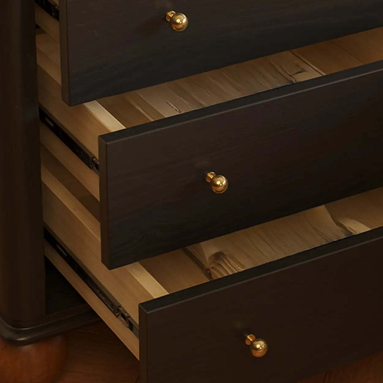 Mid-Century Black Wood Nightstand with Drawers