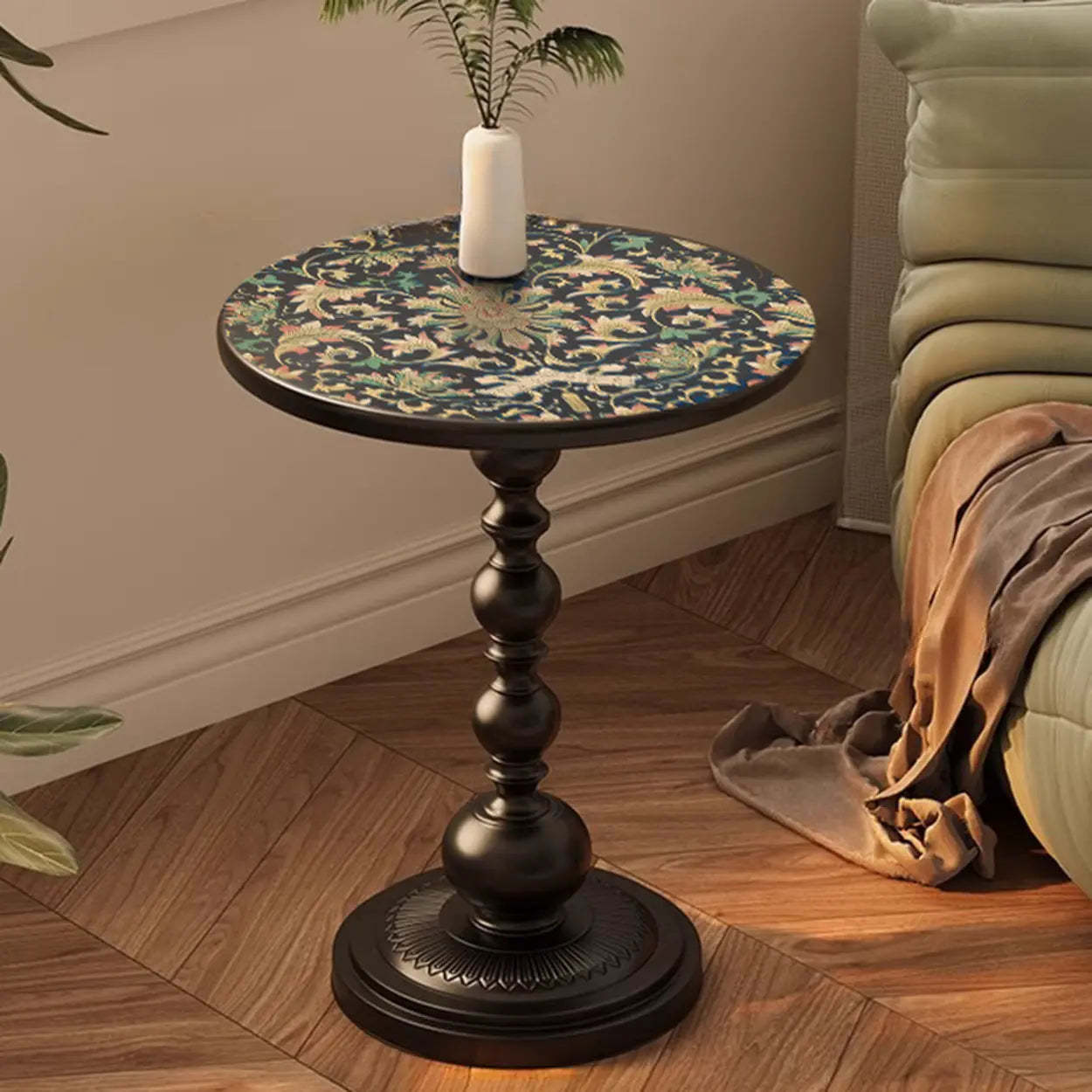 Mid-Century Modern Black Wood Pedestal Side Table — Black and White