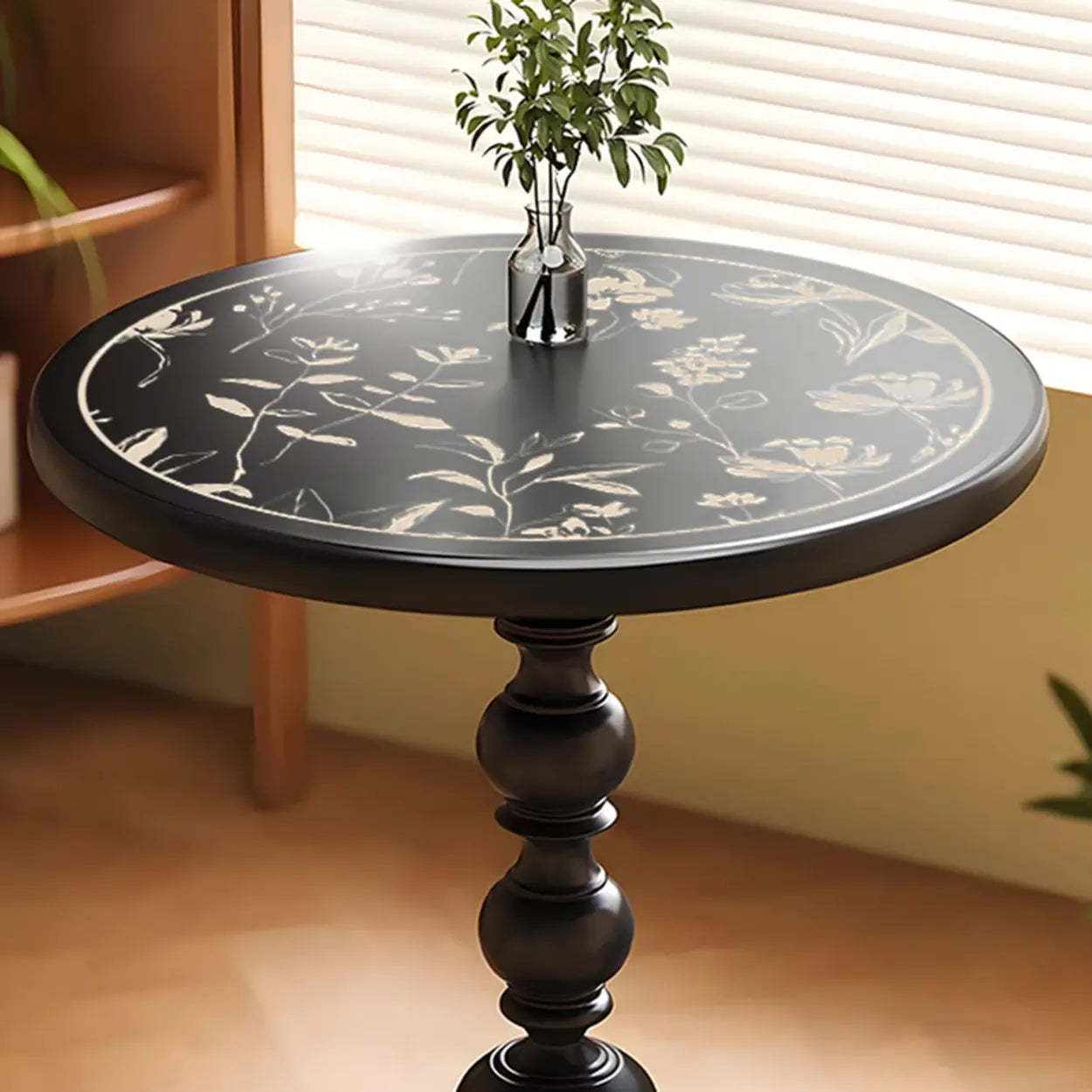 Mid-Century Modern Black Wood Pedestal Side Table — White