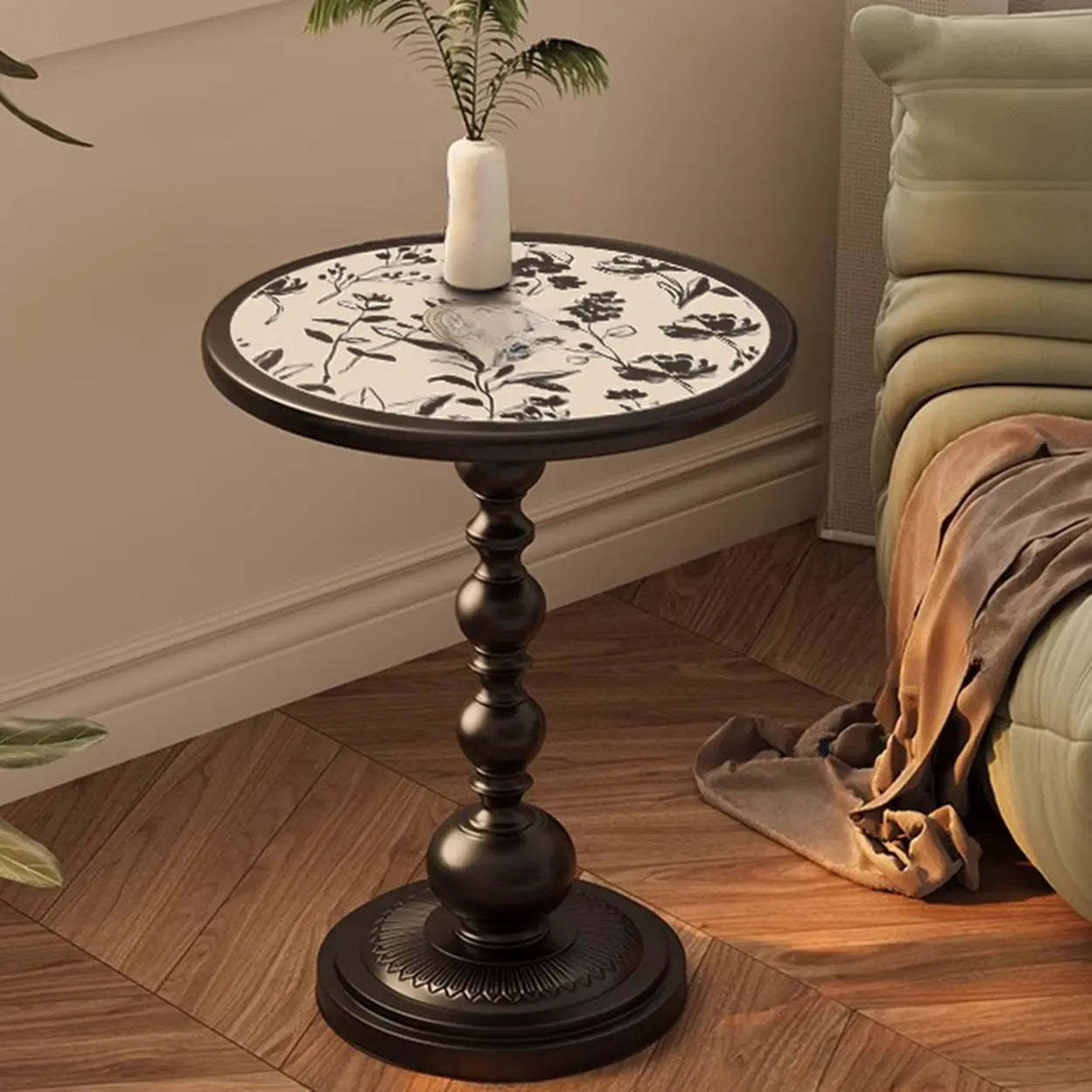 Mid-Century Modern Black Wood Pedestal Side Table — White