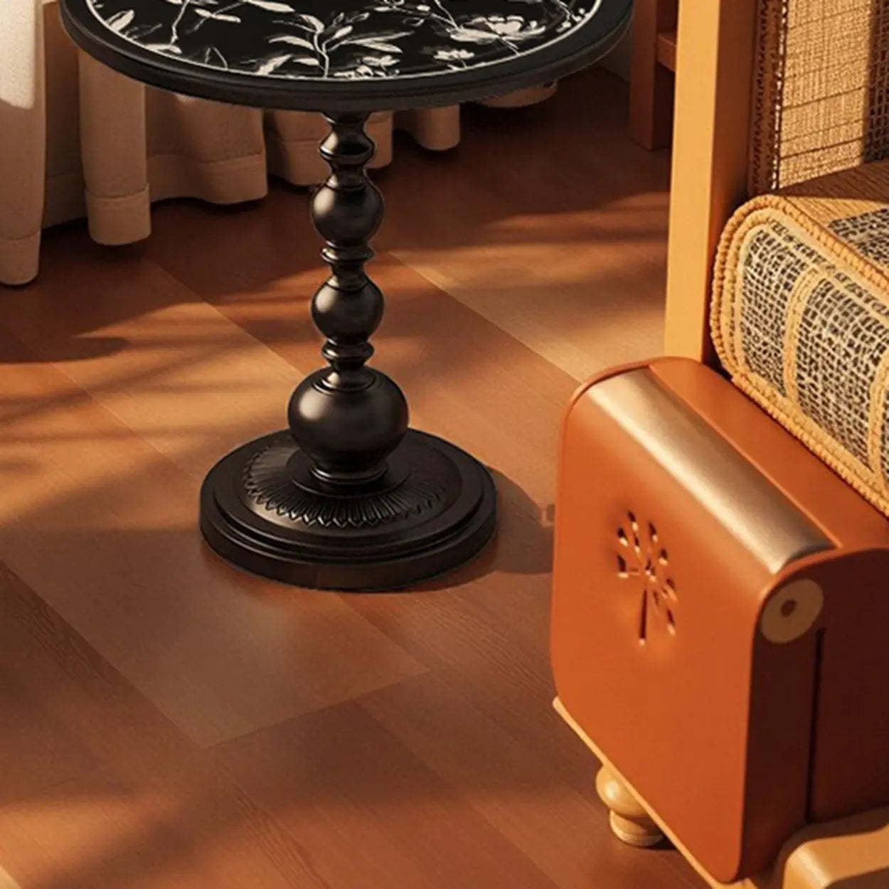 Mid-Century Modern Black Wood Pedestal Side Table — Black/ Beige
