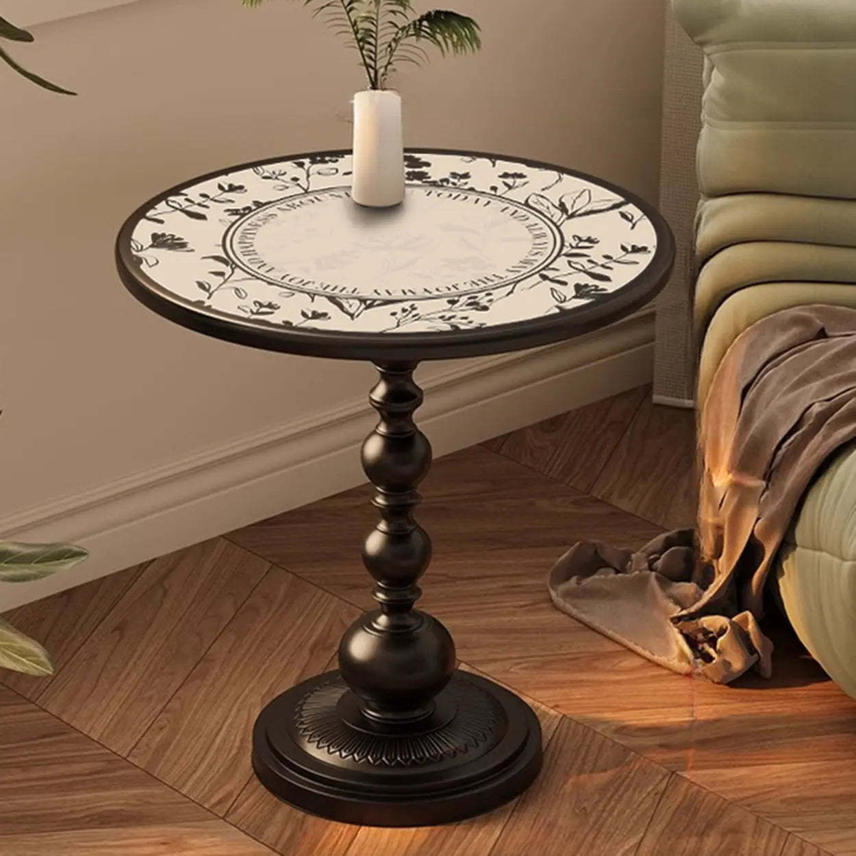 Mid-Century Modern Black Wood Pedestal Side Table — Black/ Beige