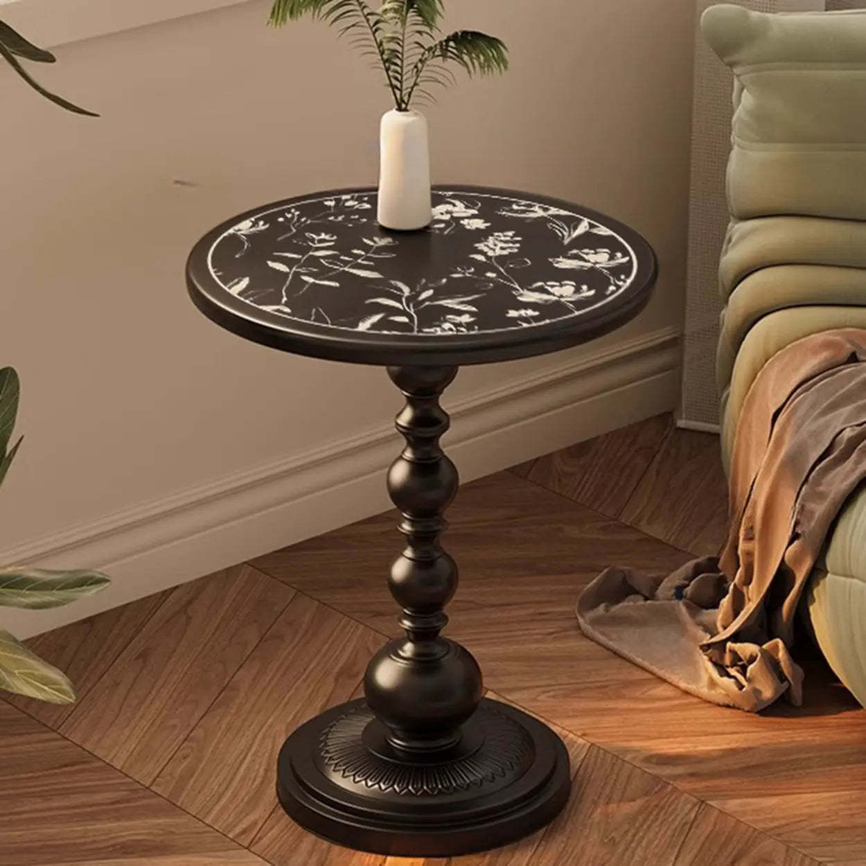 Mid-Century Modern Black Wood Pedestal Side Table — Black/ Brown/ White